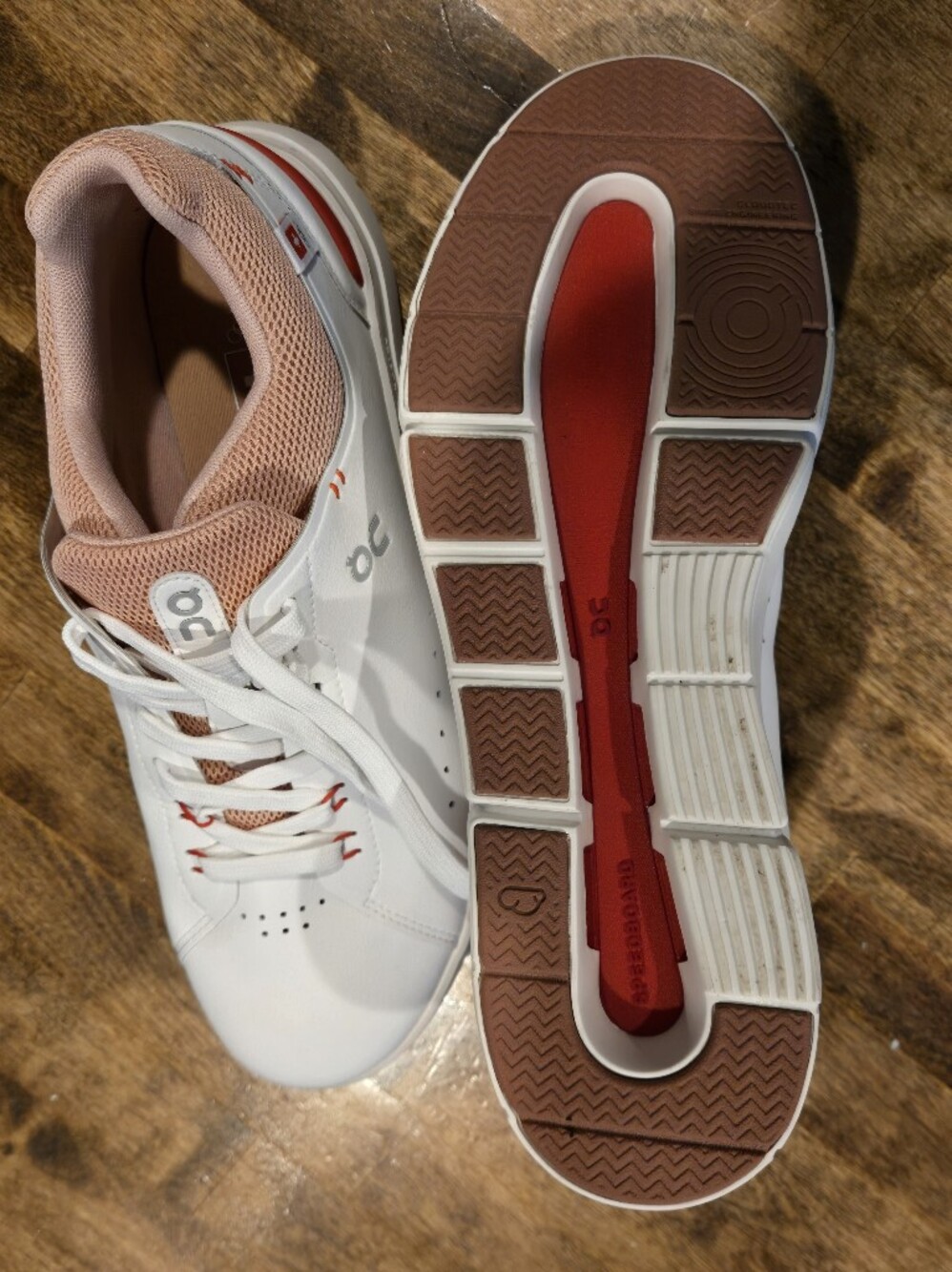 On Running Women's White Sneakers with Blush and Red Accents